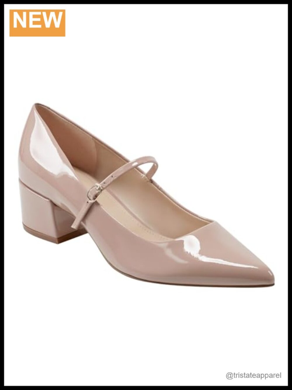 Mary Jane Block Heel Pointy Toe Patent Leather Pumps Adjustable Strap